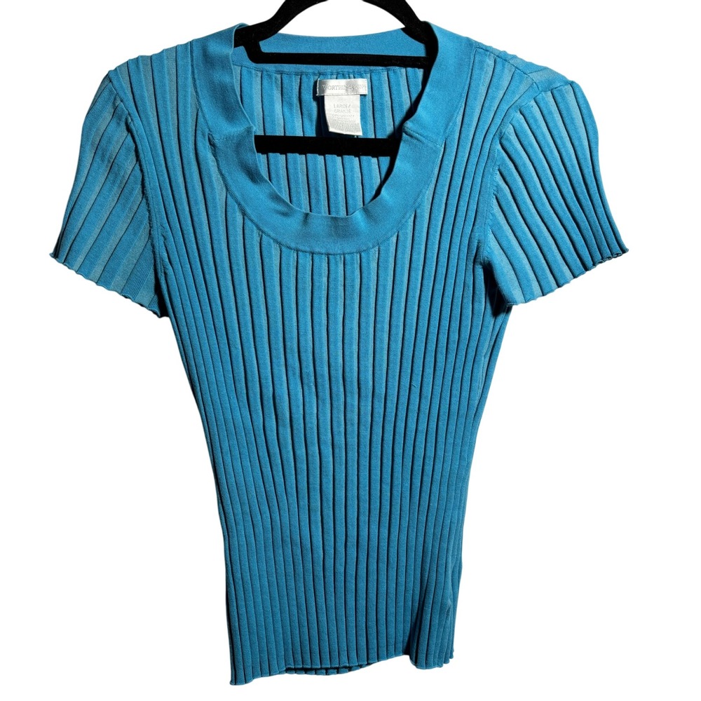 VTG Y2K Blue Ribbed Silk Blend Short Sleeve Lettuce Hem Fitted Top Scoop Neck L*